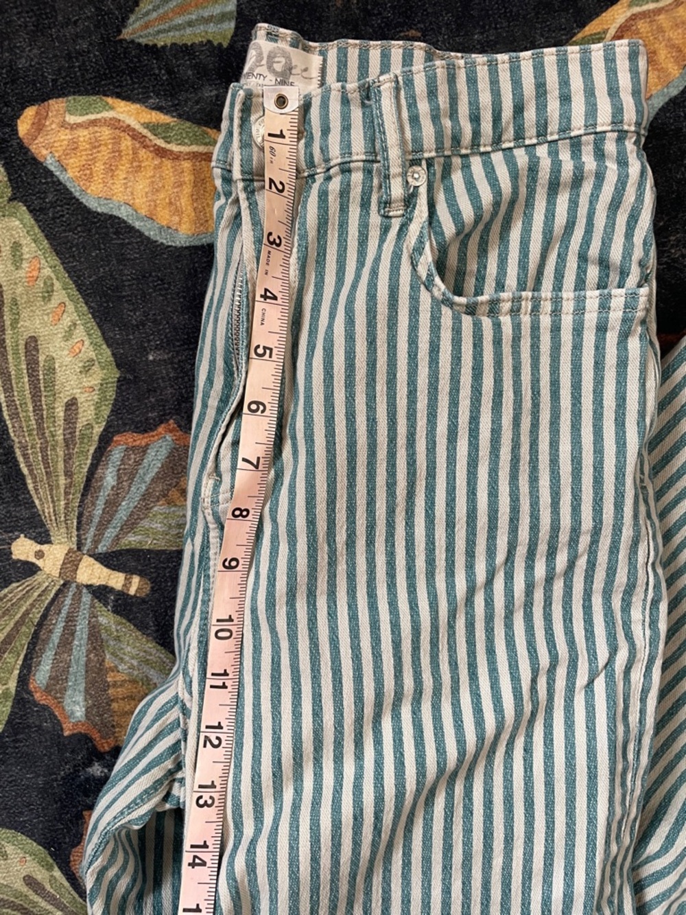 Free People Striped High-Waist Denim Jeans in Teal and White - Picture 2 of 6